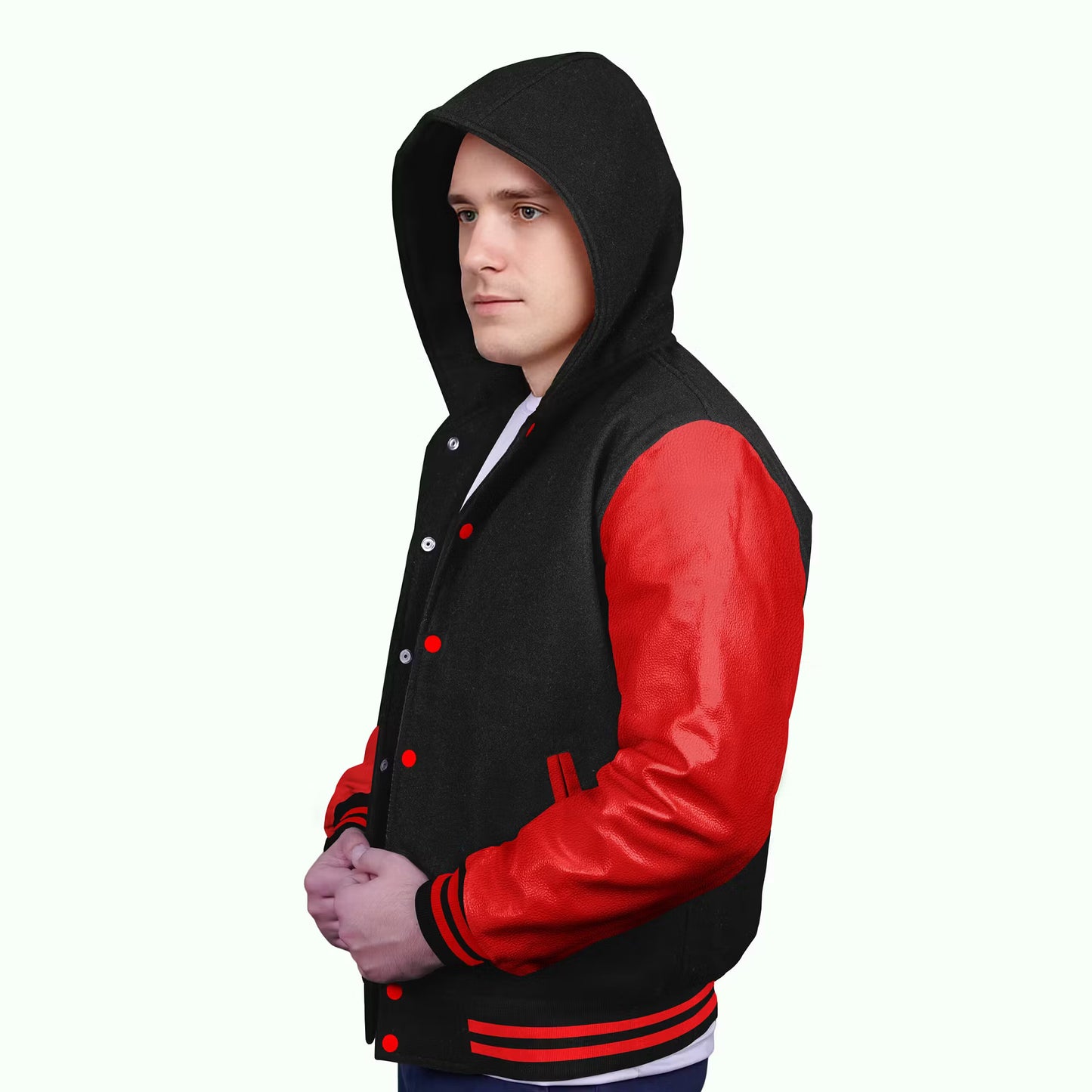 Red-Leather Sleeves & Wool Body (Hoodie)
