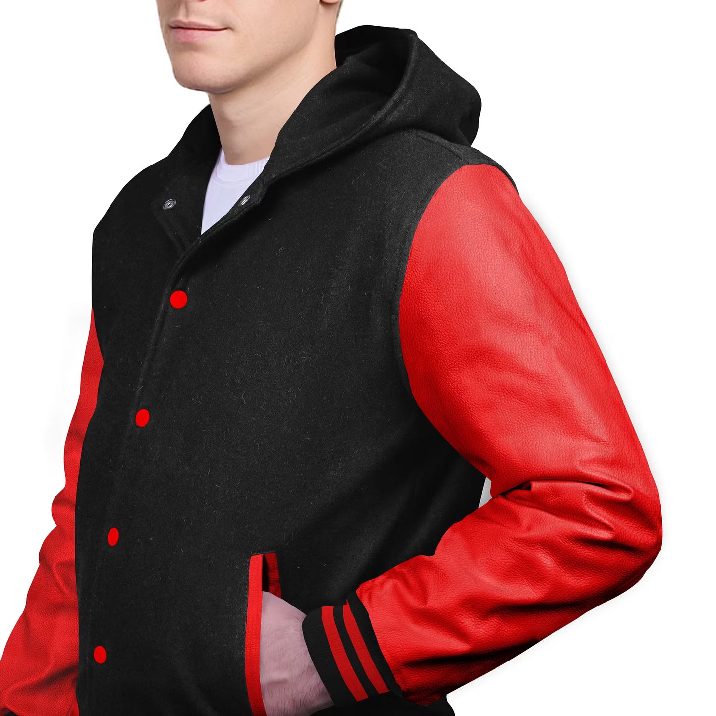 Red-Leather Sleeves & Wool Body (Hoodie)
