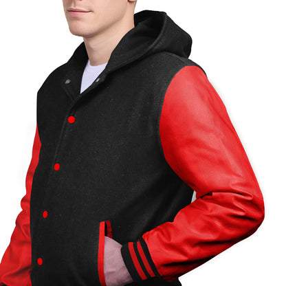 Red-Leather Sleeves & Wool Body (Hoodie)