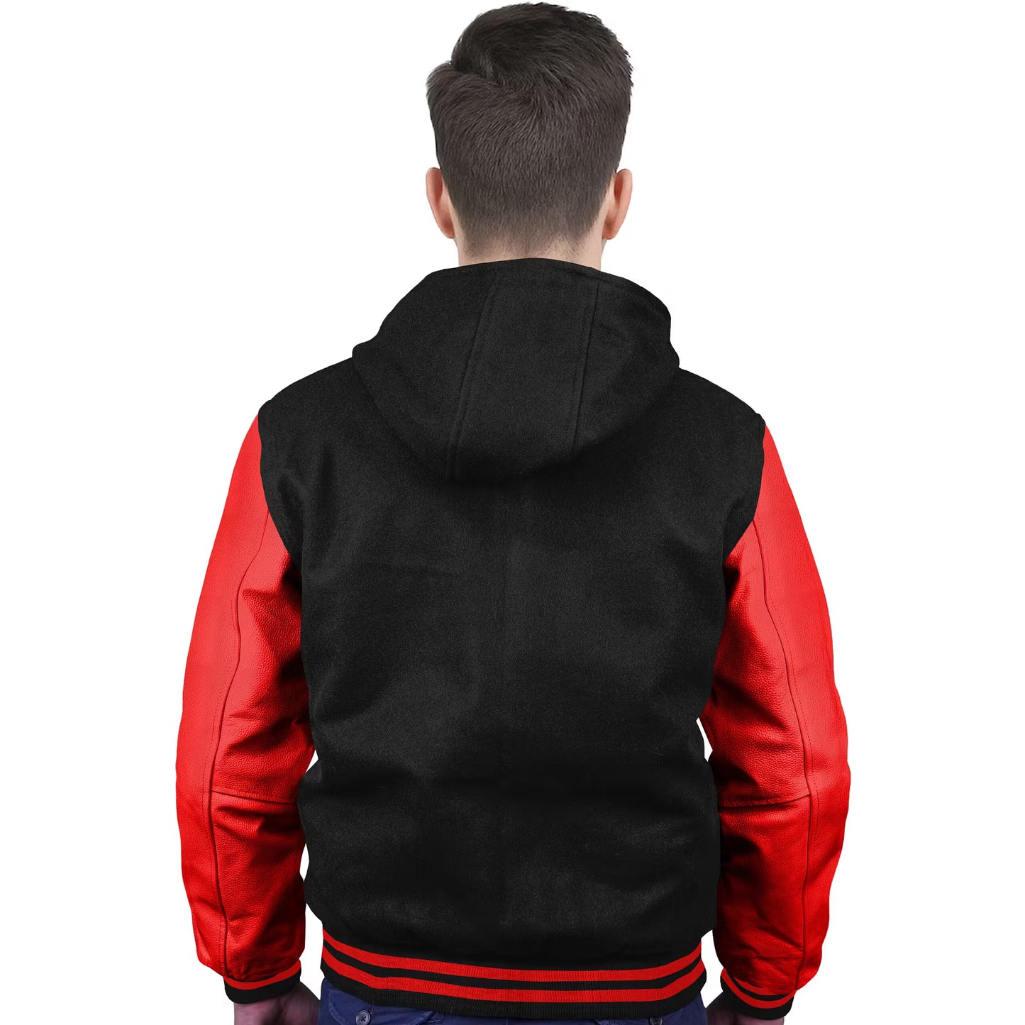 Red-Leather Sleeves & Wool Body (Hoodie)