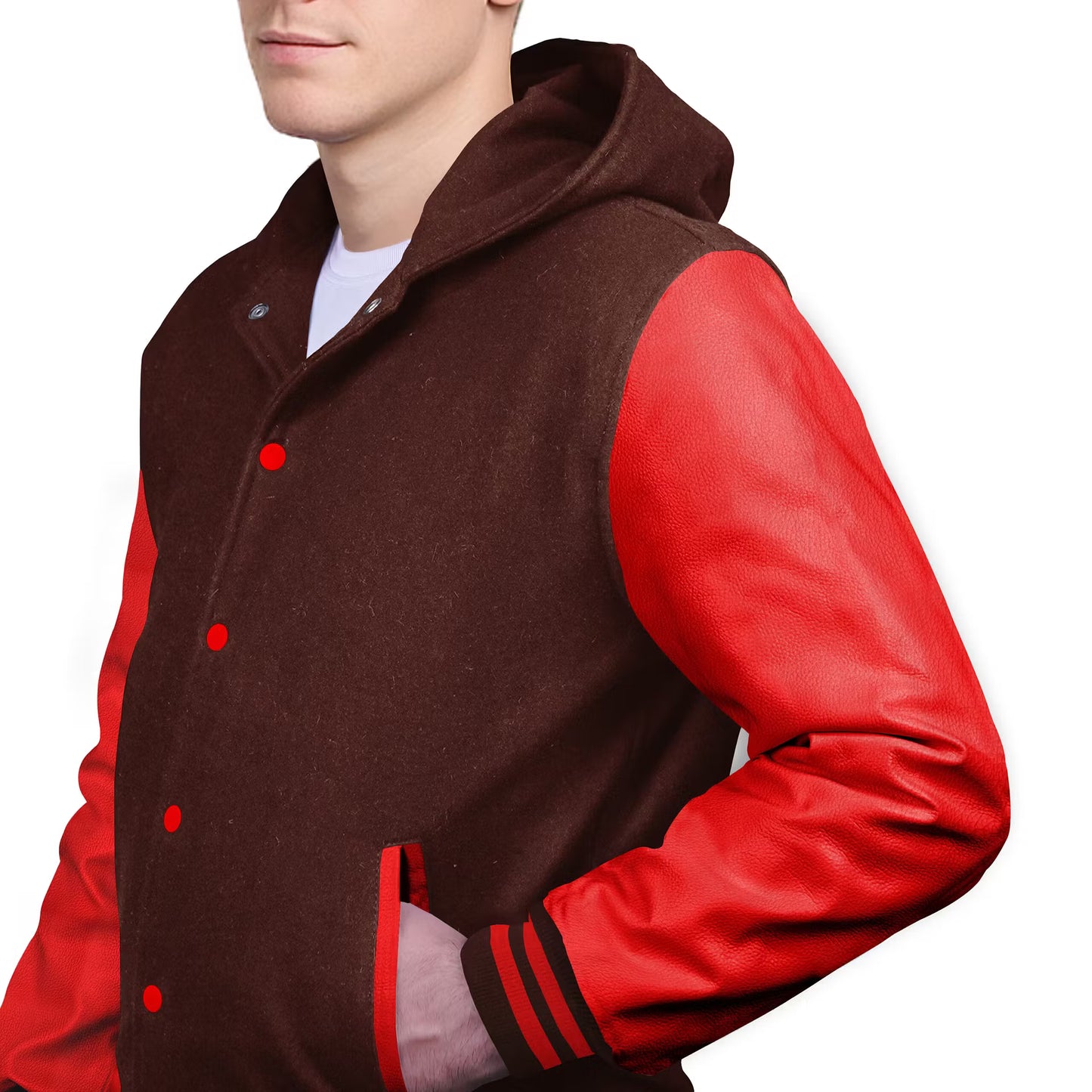 Red-Leather Sleeves & Wool Body (Hoodie)