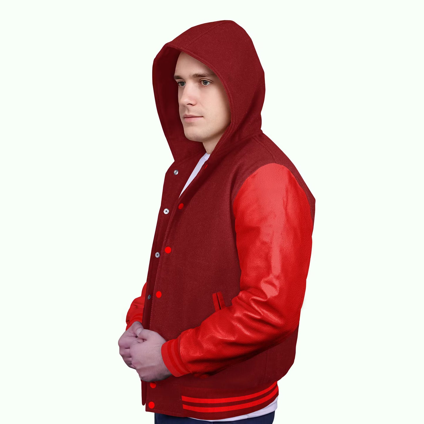 Red-Leather Sleeves & Wool Body (Hoodie)