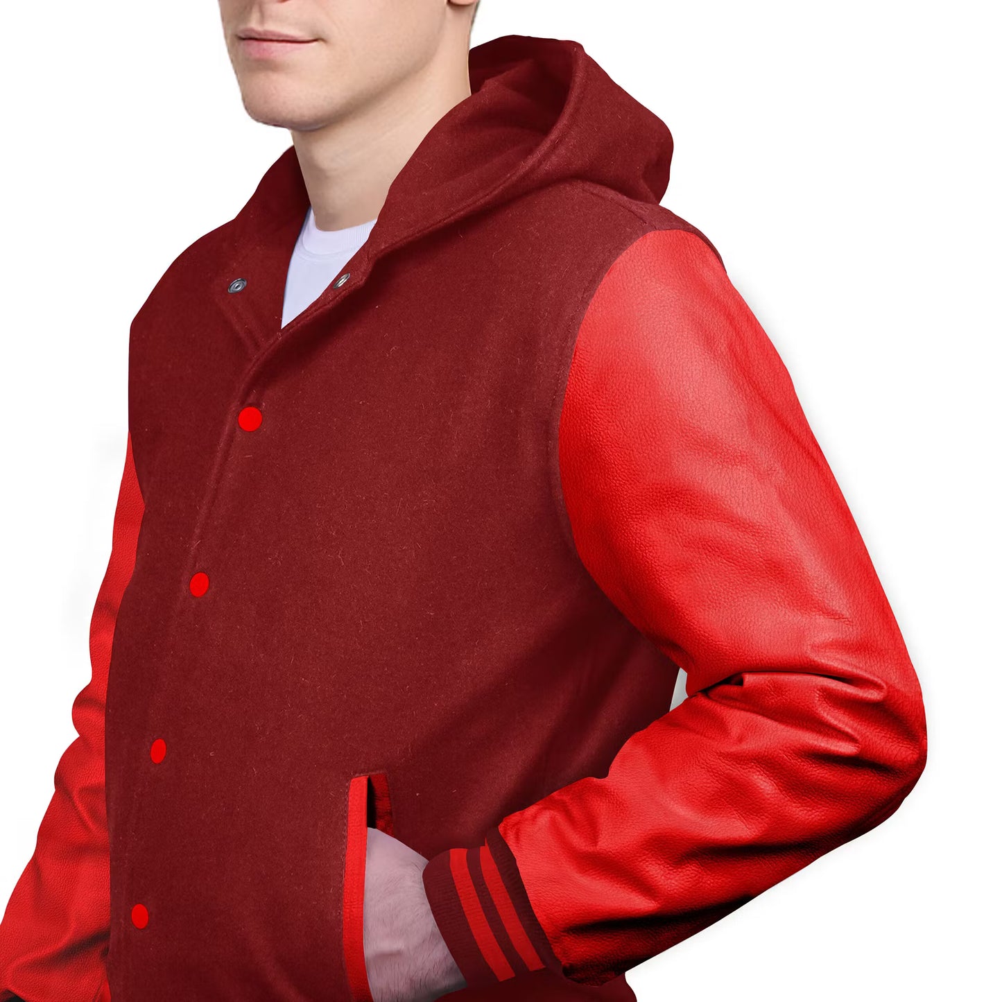 Red-Leather Sleeves & Wool Body (Hoodie)