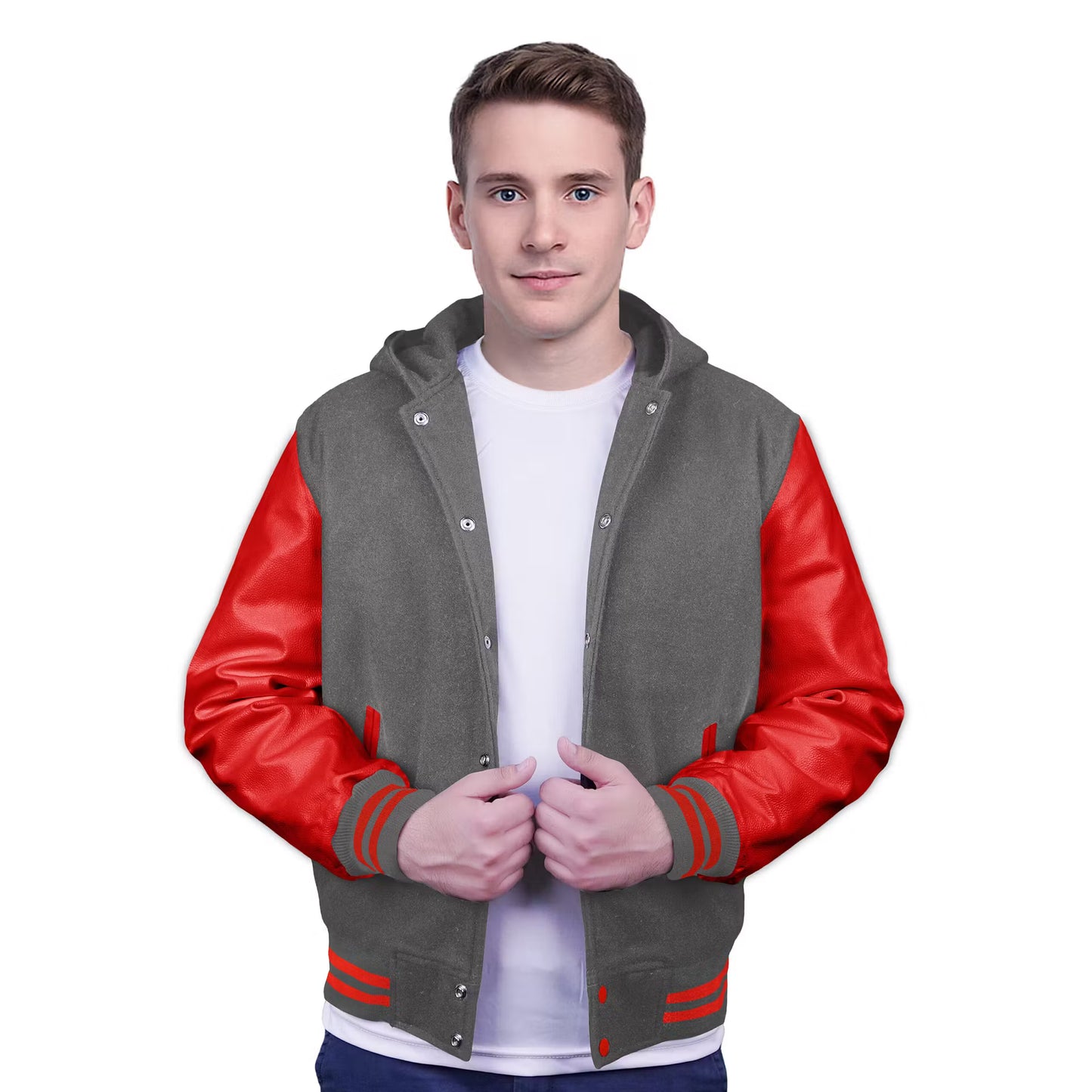 Red-Leather Sleeves & Wool Body (Hoodie)