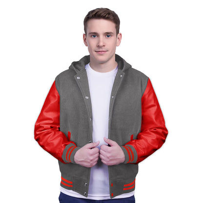 Red-Leather Sleeves & Wool Body (Hoodie)