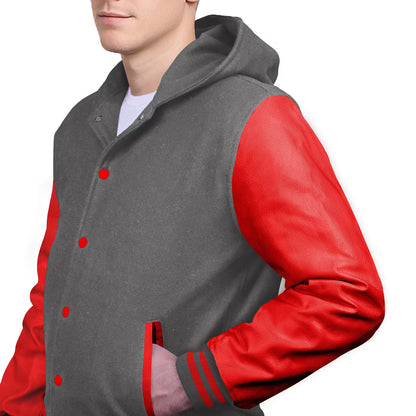 Red-Leather Sleeves & Wool Body (Hoodie)