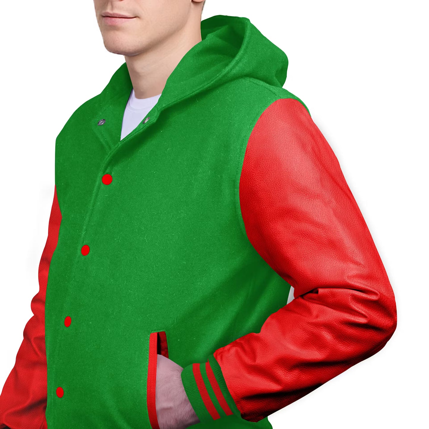 Red-Leather Sleeves & Wool Body (Hoodie)
