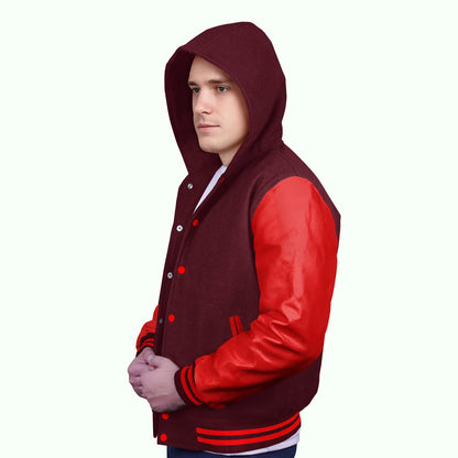 Red-Leather Sleeves & Wool Body (Hoodie)
