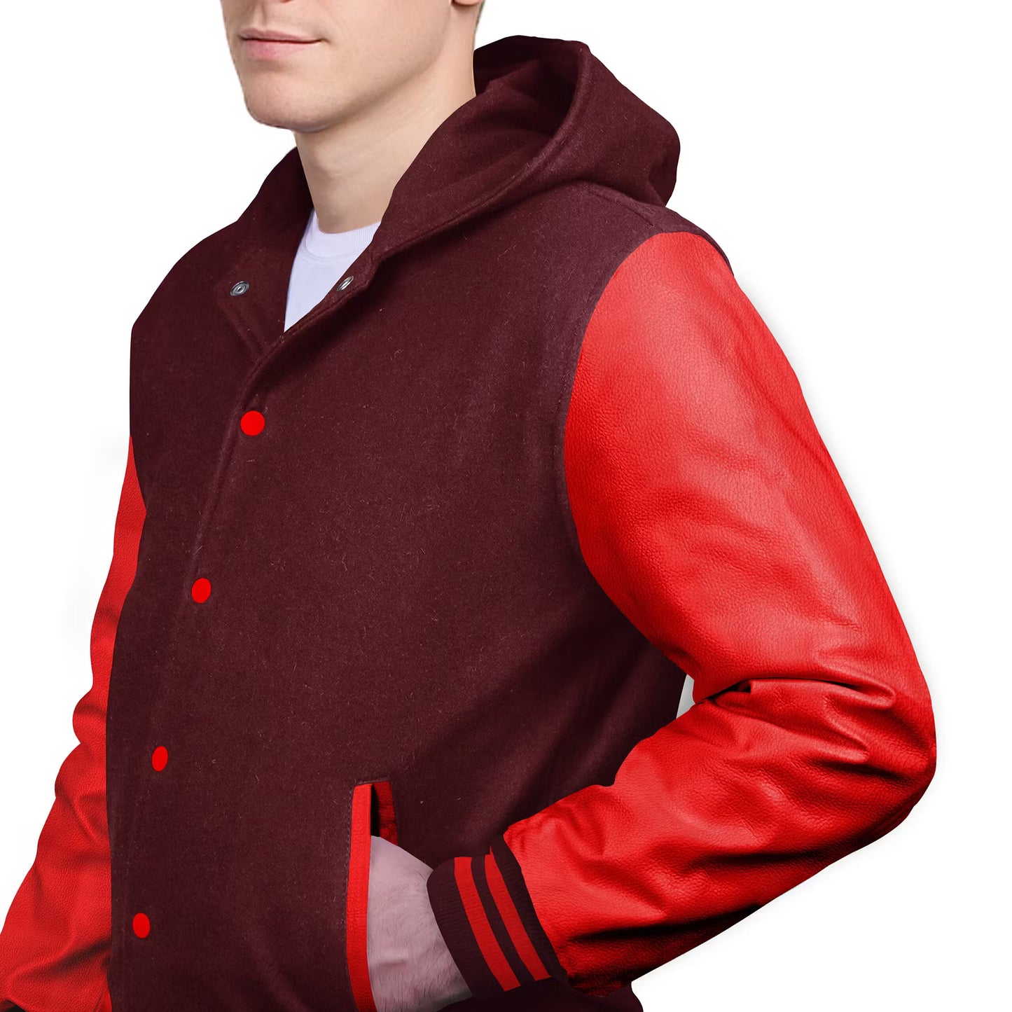Red-Leather Sleeves & Wool Body (Hoodie)