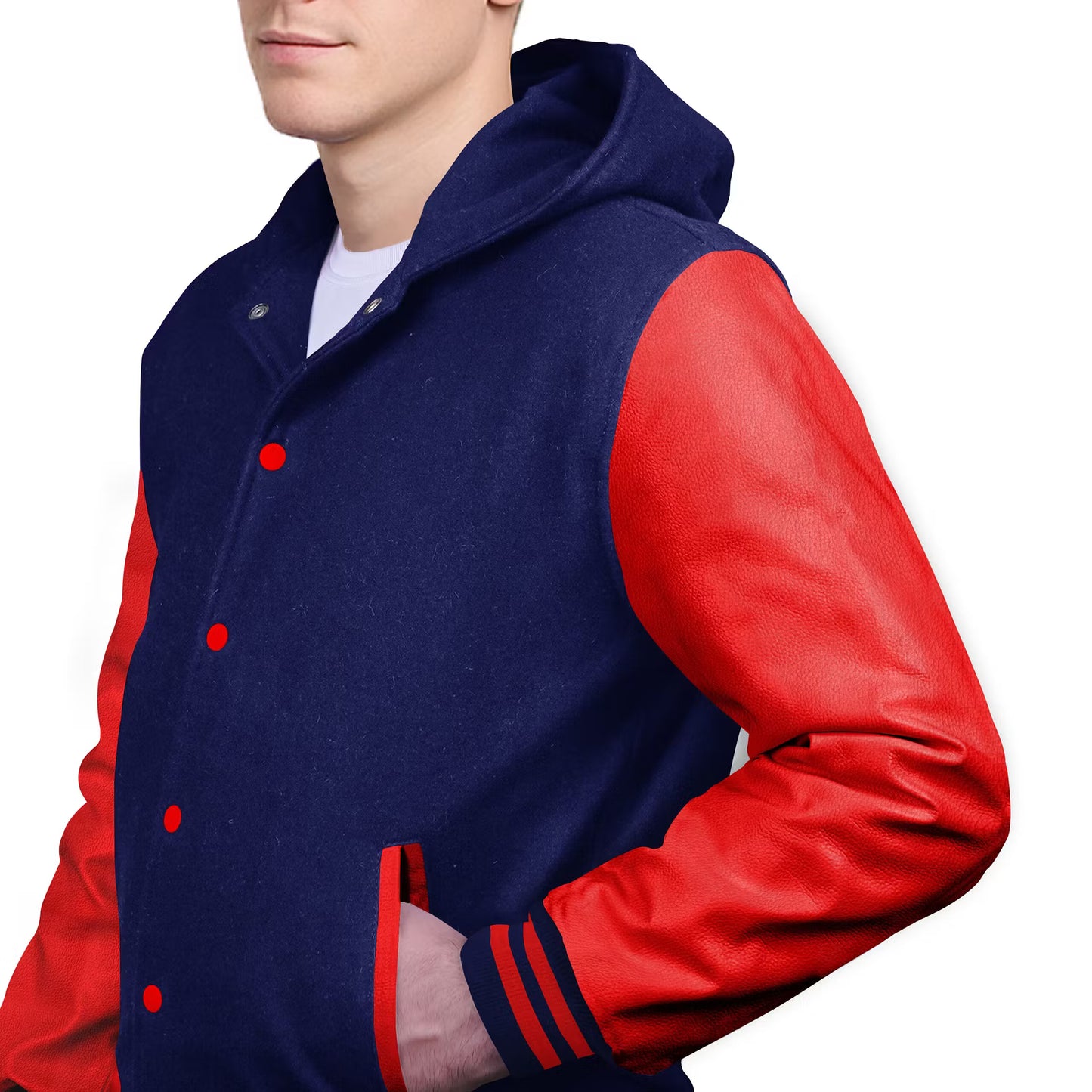 Red-Leather Sleeves & Wool Body (Hoodie)