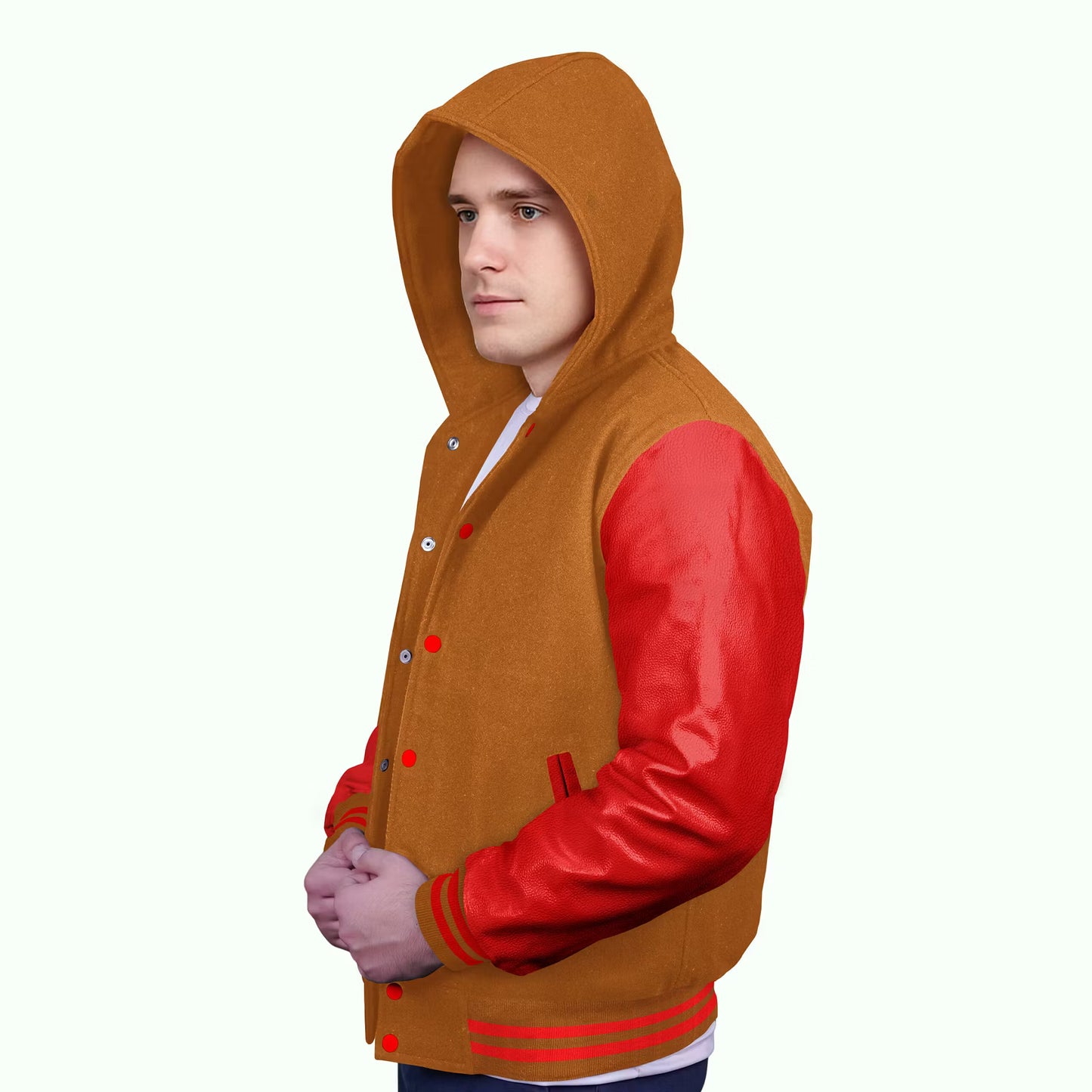 Red-Leather Sleeves & Wool Body (Hoodie)