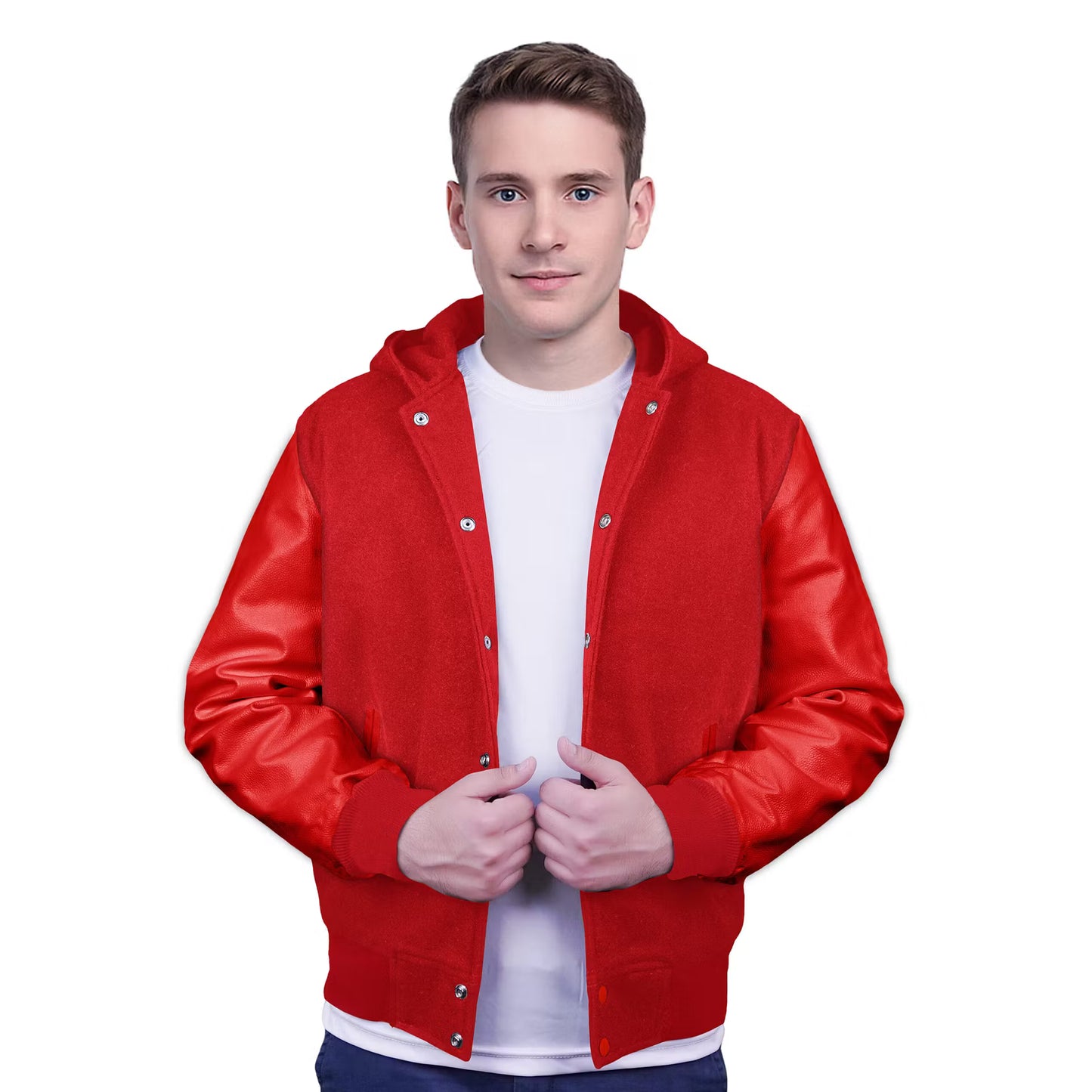 Red-Leather Sleeves & Wool Body (Hoodie)