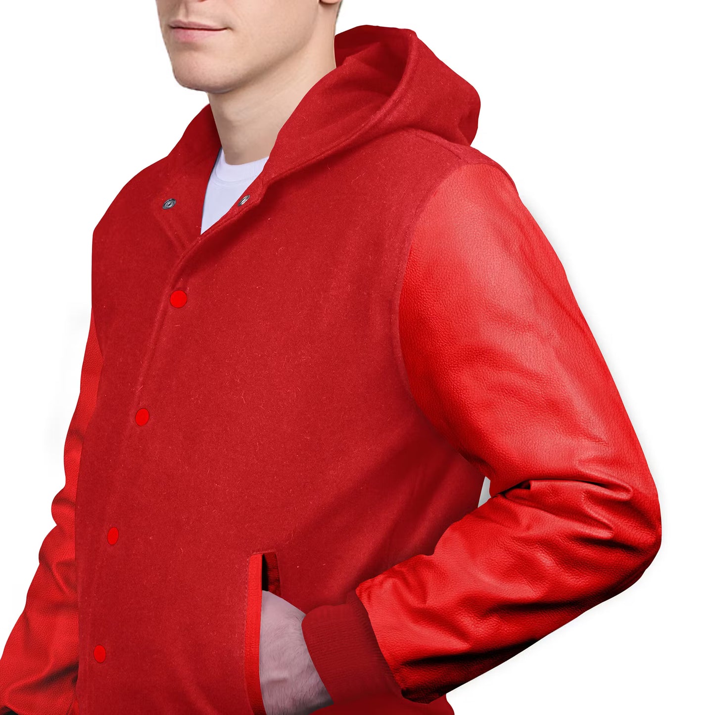 Red-Leather Sleeves & Wool Body (Hoodie)