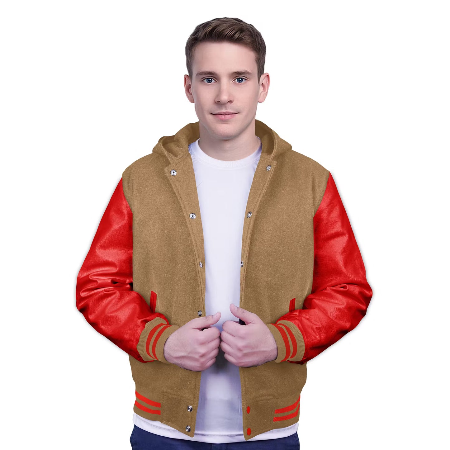 Red-Leather Sleeves & Wool Body (Hoodie)