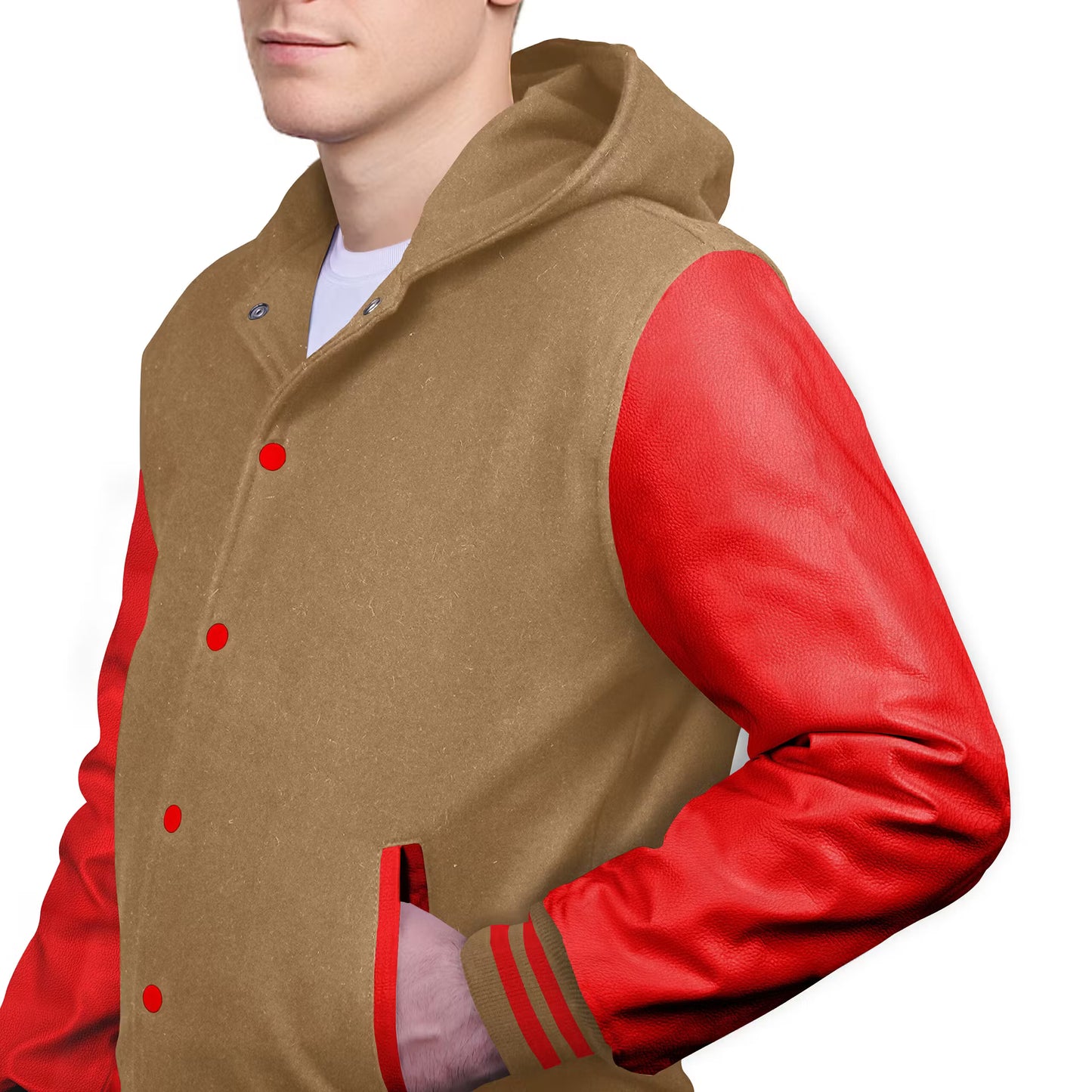Red-Leather Sleeves & Wool Body (Hoodie)