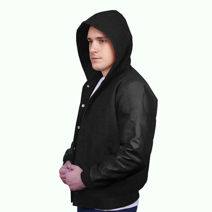 Black-Leather Sleeves & Wool Body (Hoodie)