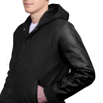 Black-Leather Sleeves & Wool Body (Hoodie)