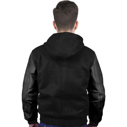 Black-Leather Sleeves & Wool Body (Hoodie)