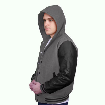 Black-Leather Sleeves & Wool Body (Hoodie)