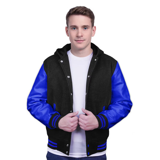 Royal Blue-Leather Sleeves & Wool Body (Hoodie)