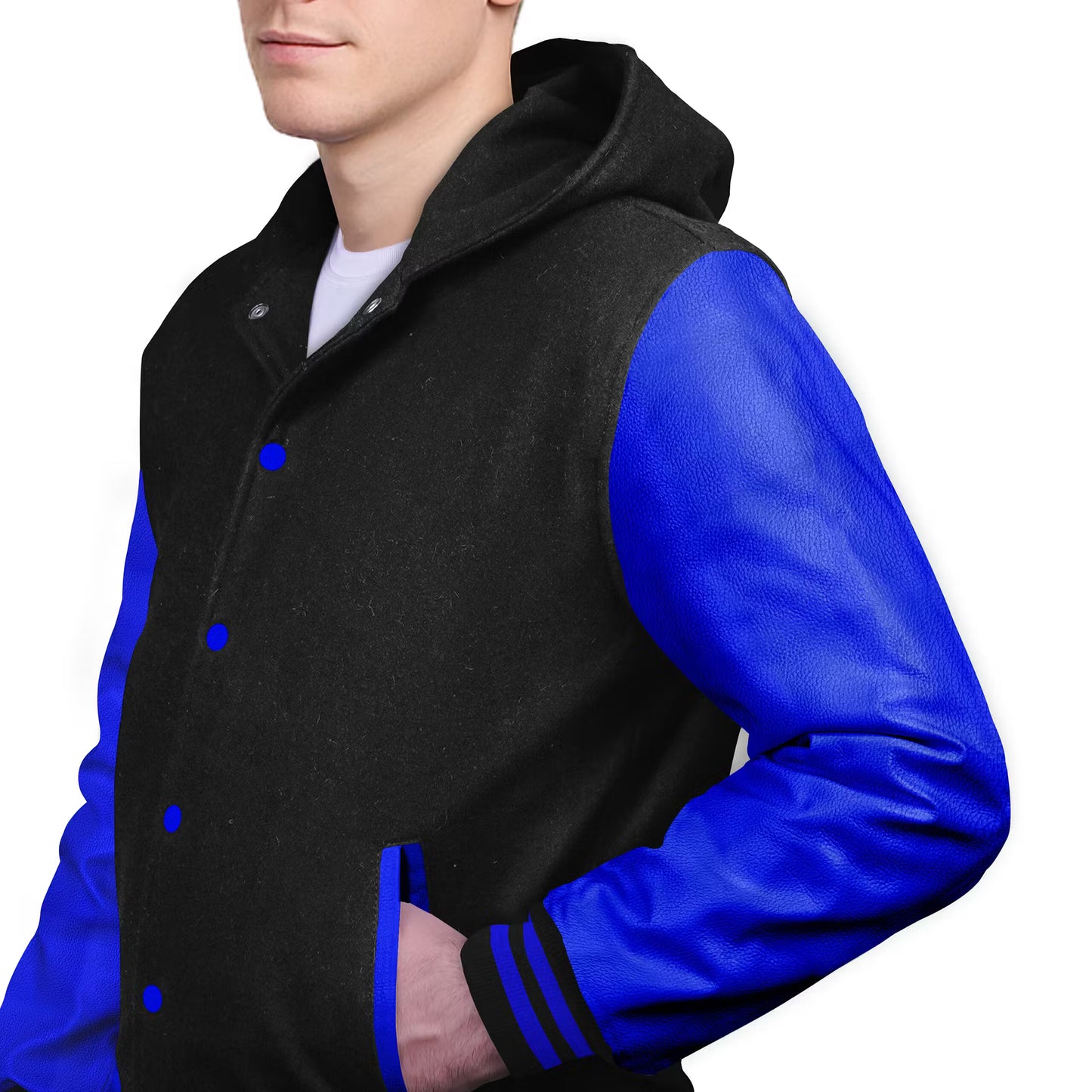 Royal Blue-Leather Sleeves & Wool Body (Hoodie)