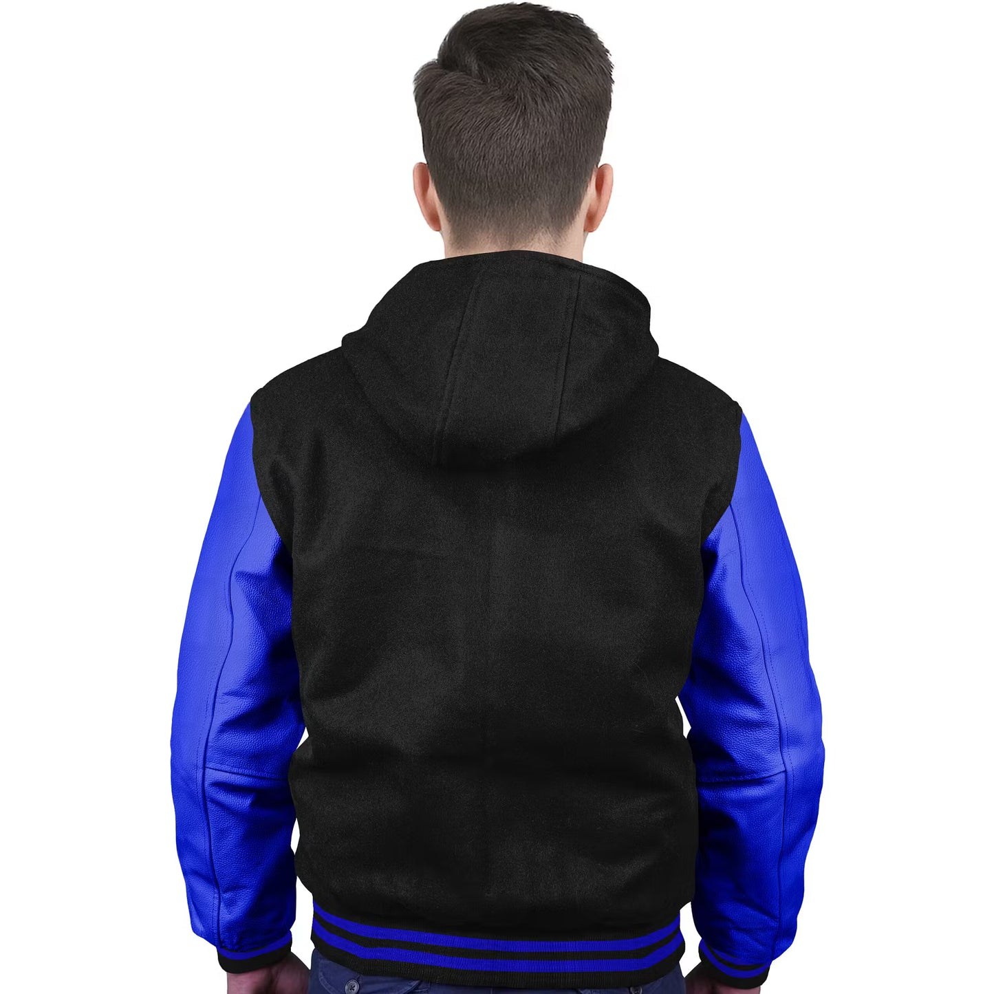 Royal Blue-Leather Sleeves & Wool Body (Hoodie)
