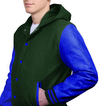 Royal Blue-Leather Sleeves & Wool Body (Hoodie)