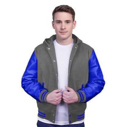 Royal Blue-Leather Sleeves & Wool Body (Hoodie)