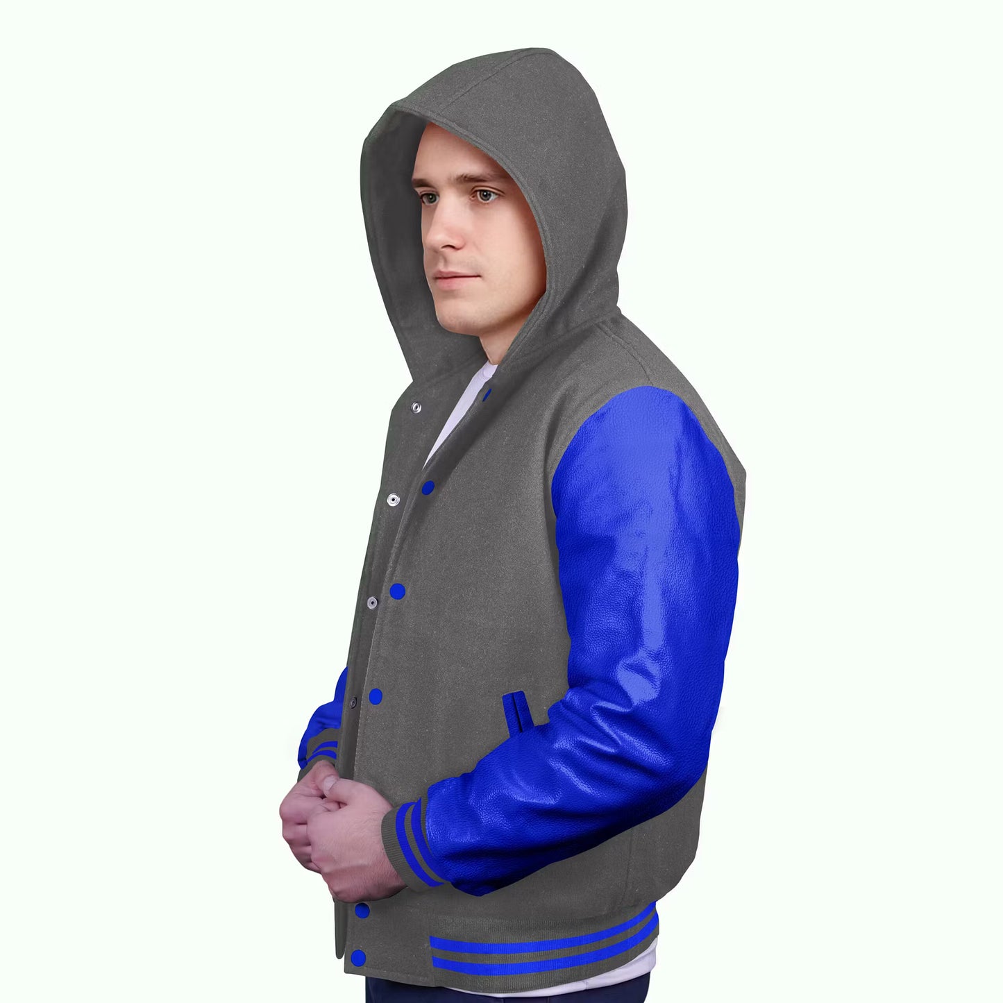 Royal Blue-Leather Sleeves & Wool Body (Hoodie)