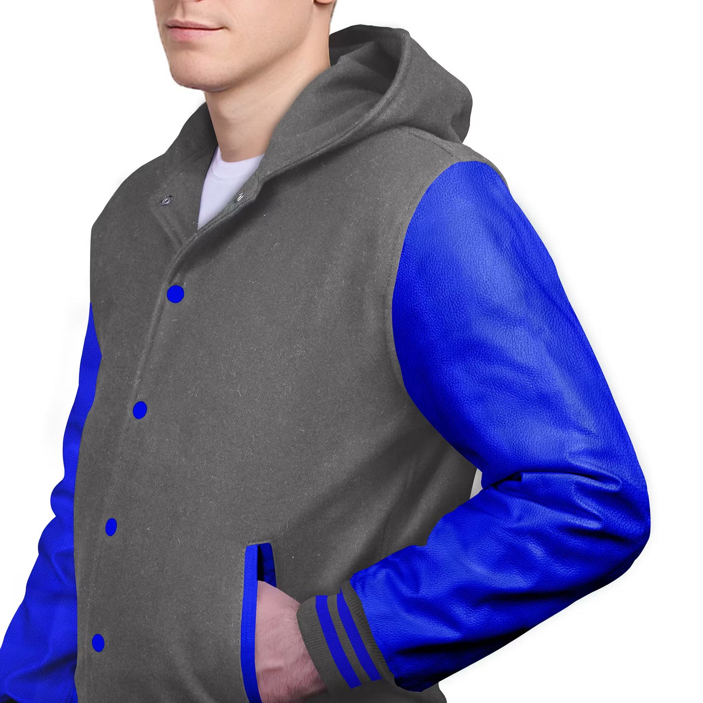 Royal Blue-Leather Sleeves & Wool Body (Hoodie)