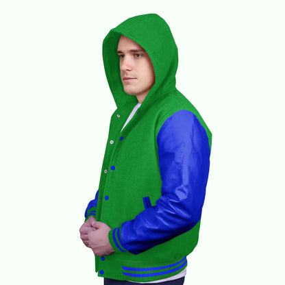 Royal Blue-Leather Sleeves & Wool Body (Hoodie)