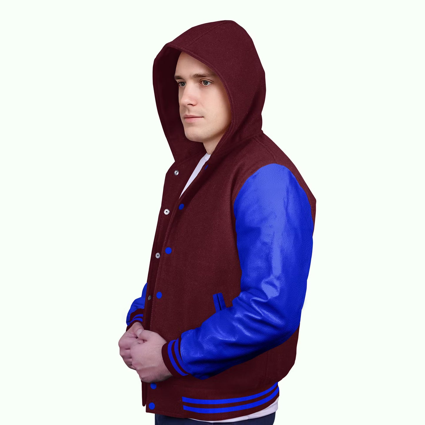 Royal Blue-Leather Sleeves & Wool Body (Hoodie)