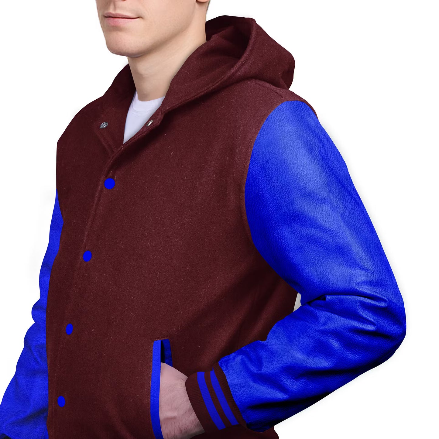 Royal Blue-Leather Sleeves & Wool Body (Hoodie)