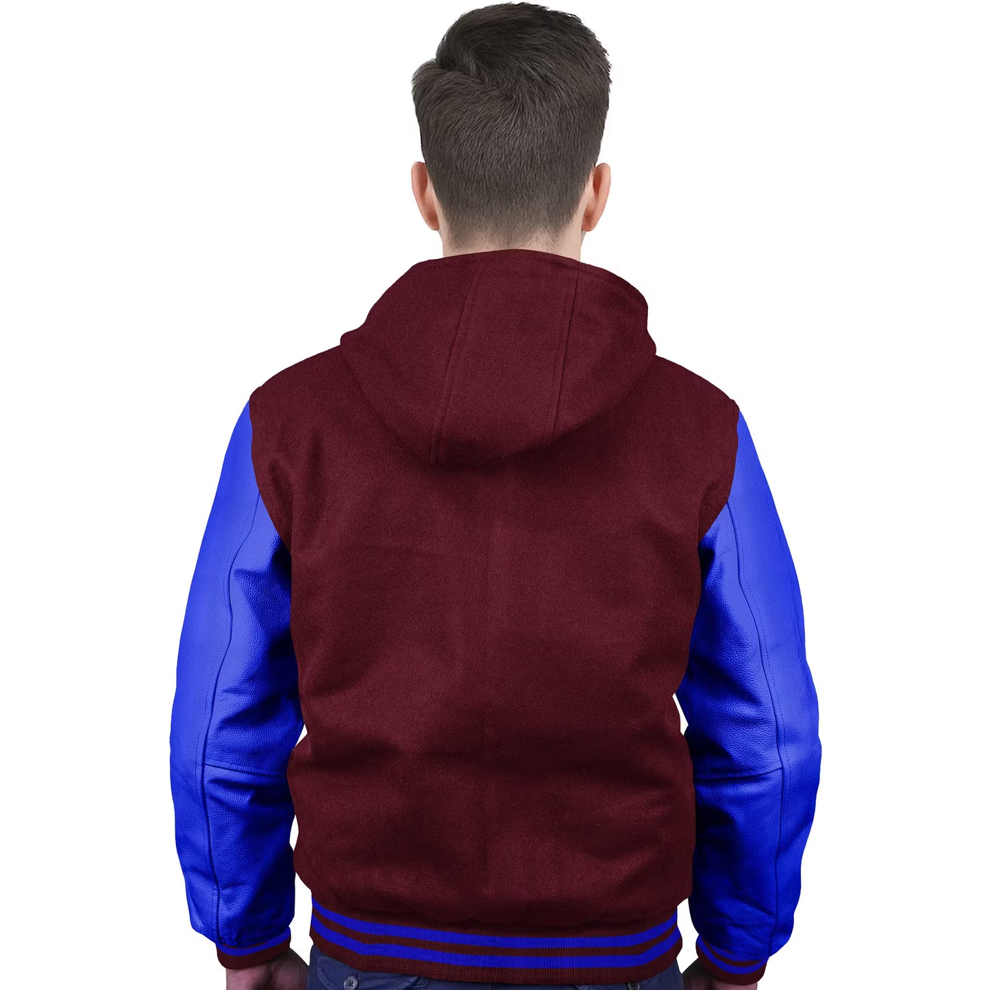 Royal Blue-Leather Sleeves & Wool Body (Hoodie)