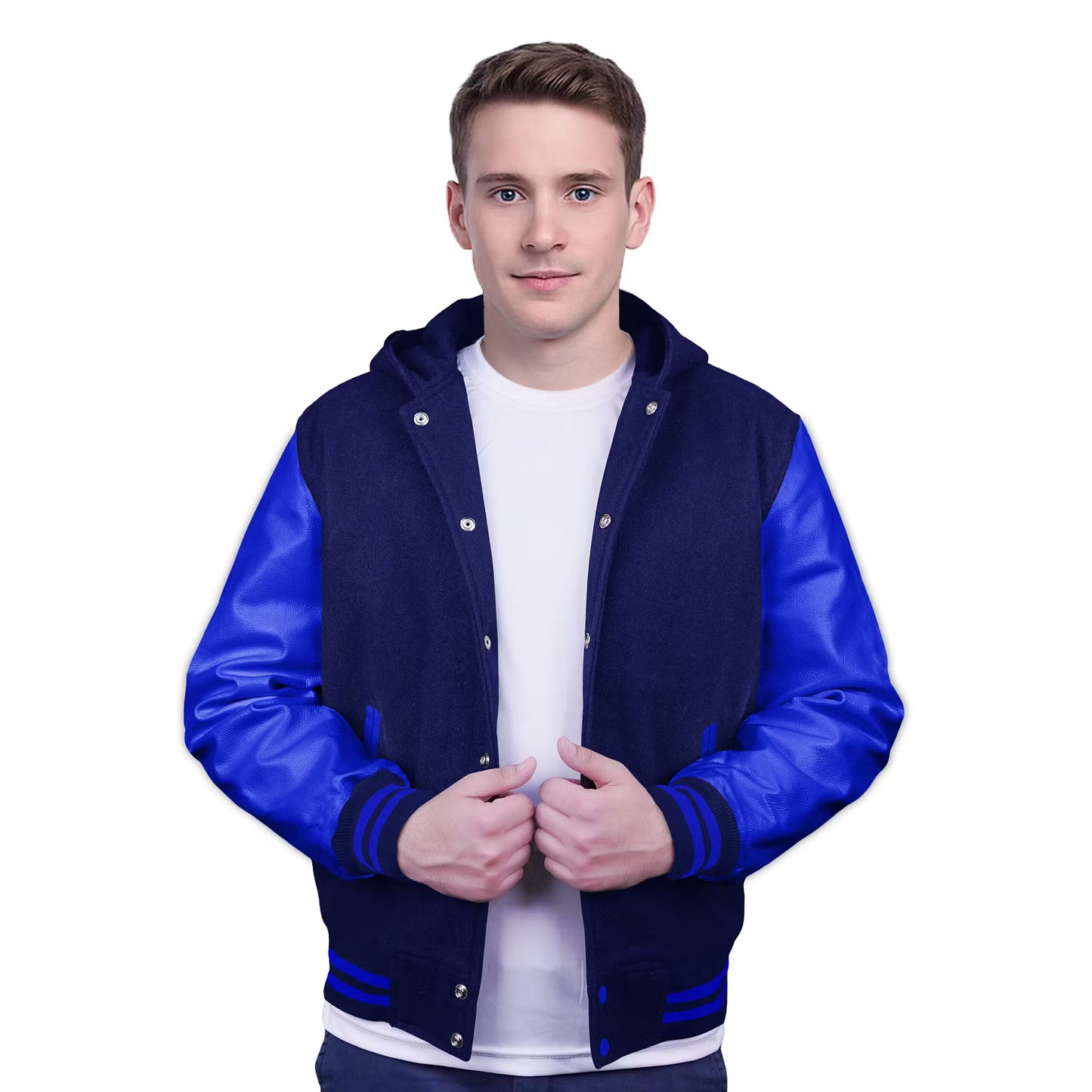 Royal Blue-Leather Sleeves & Wool Body (Hoodie)