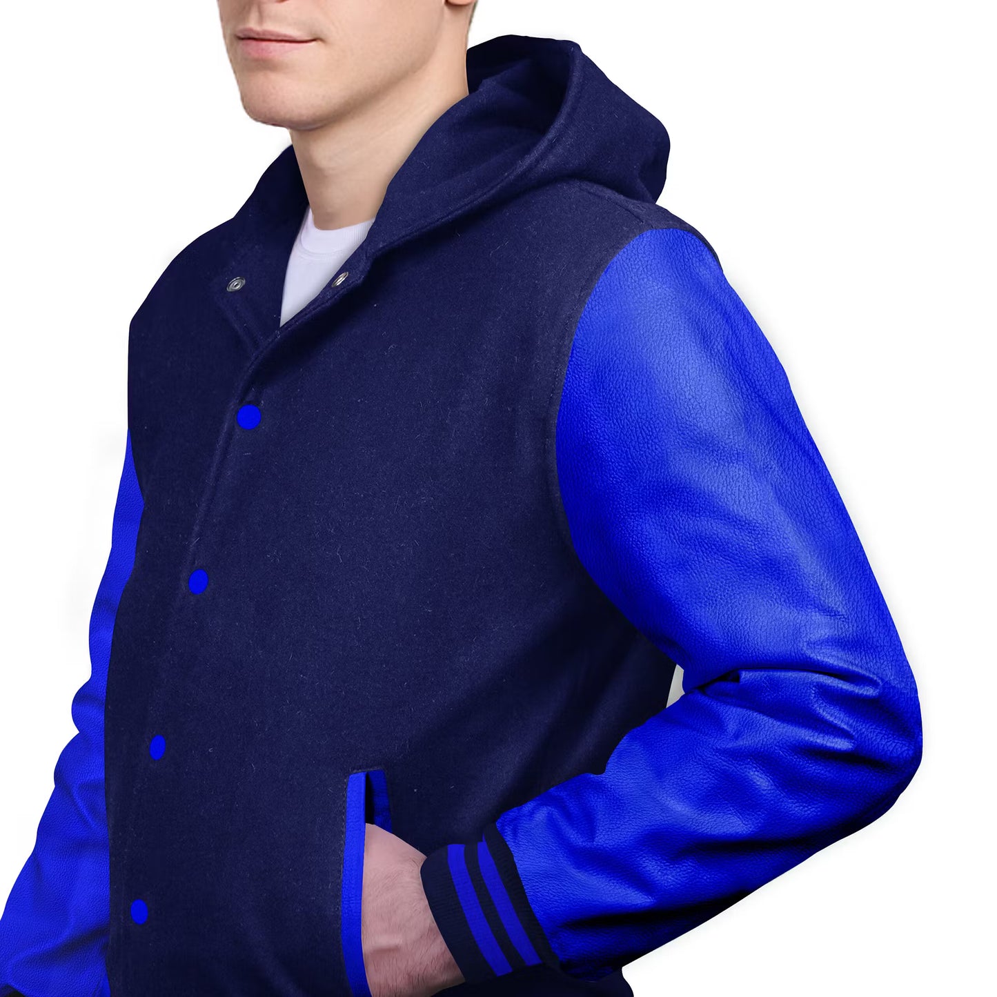 Royal Blue-Leather Sleeves & Wool Body (Hoodie)