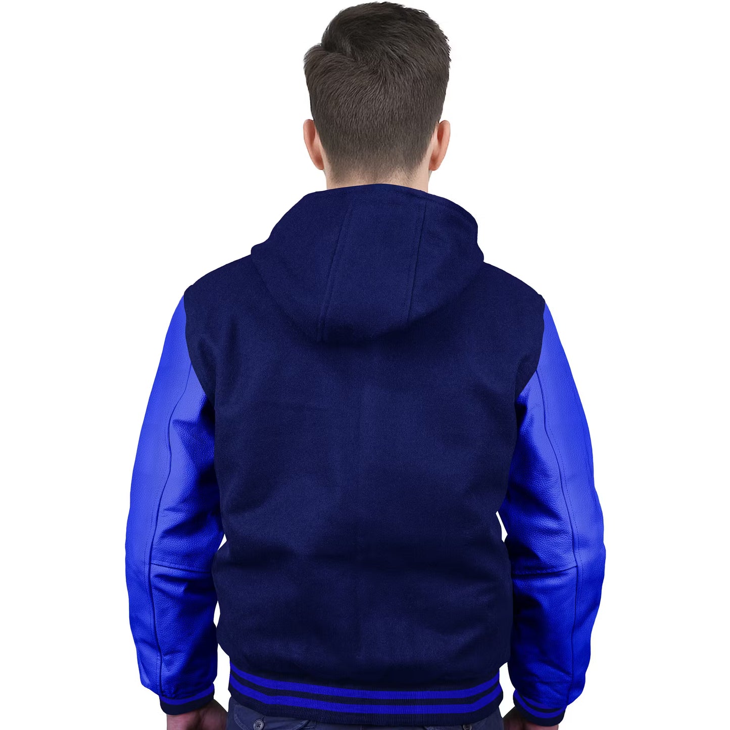Royal Blue-Leather Sleeves & Wool Body (Hoodie)