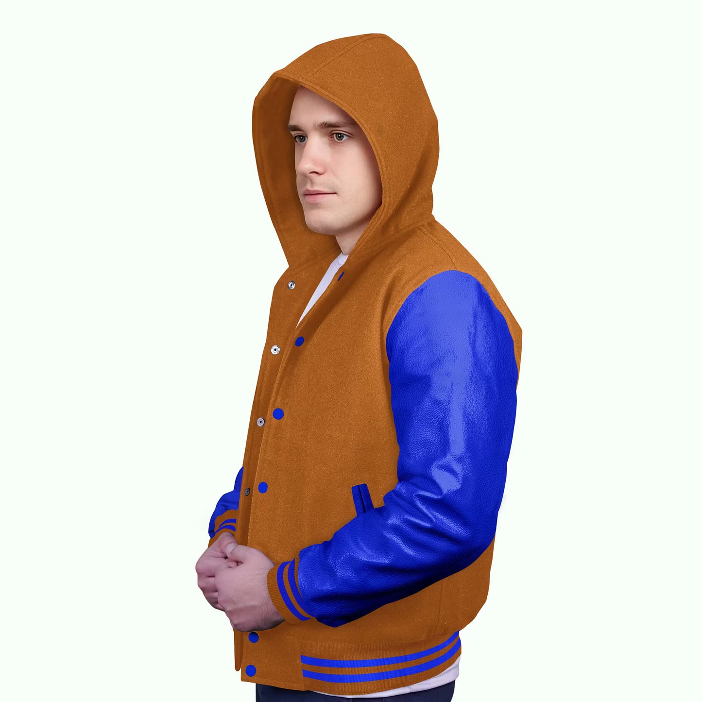 Royal Blue-Leather Sleeves & Wool Body (Hoodie)