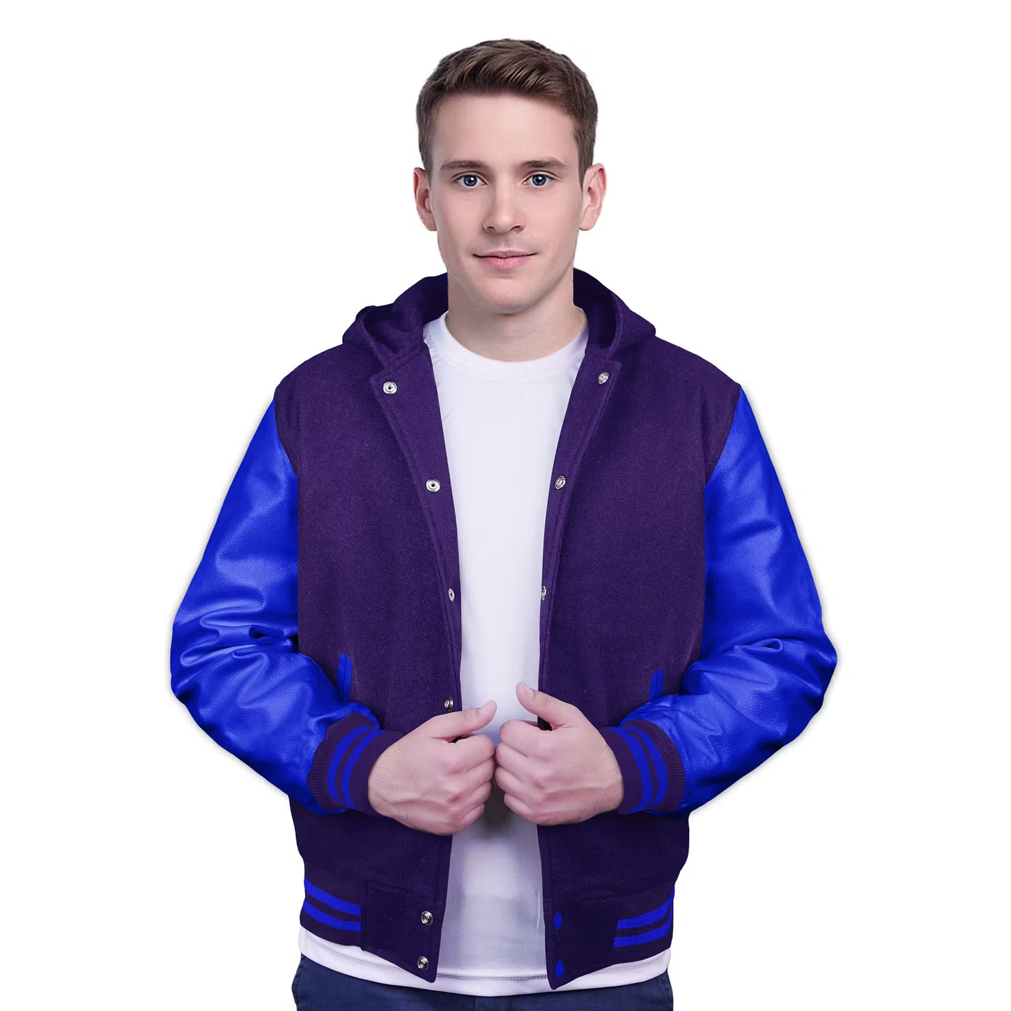 Royal Blue-Leather Sleeves & Wool Body (Hoodie)