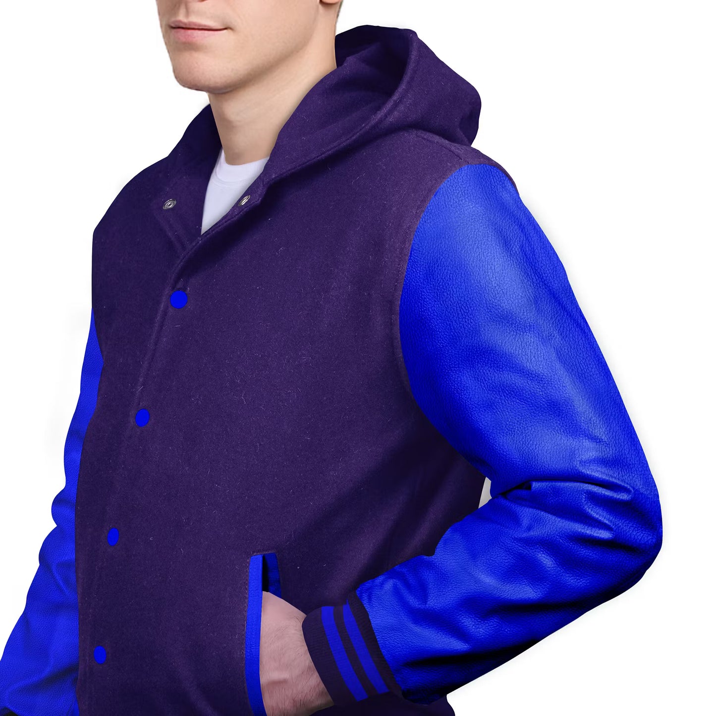 Royal Blue-Leather Sleeves & Wool Body (Hoodie)