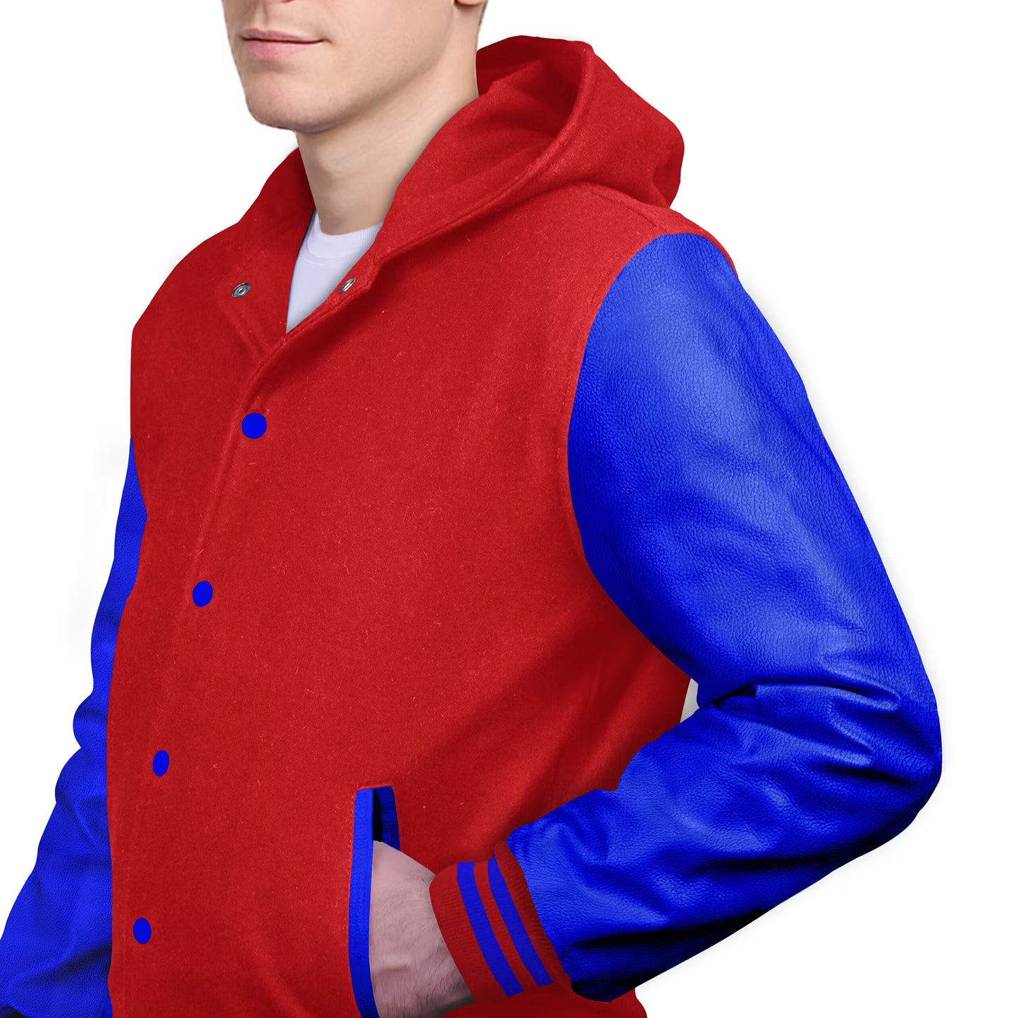 Royal Blue-Leather Sleeves & Wool Body (Hoodie)