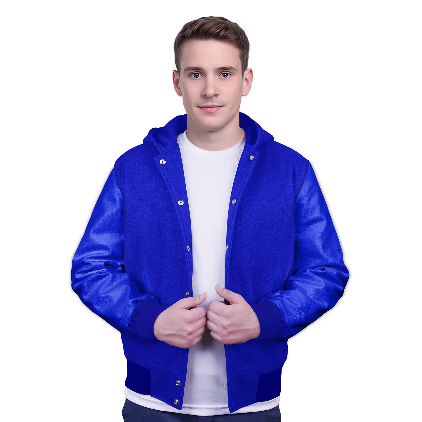 Royal Blue-Leather Sleeves & Wool Body (Hoodie)