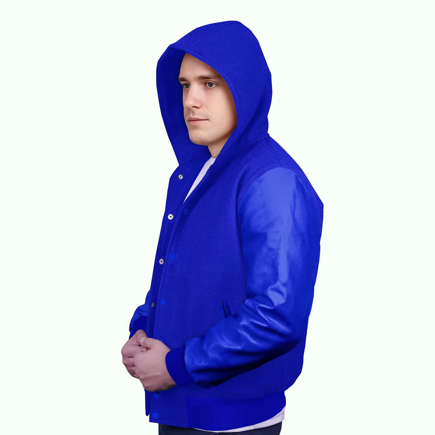 Royal Blue-Leather Sleeves & Wool Body (Hoodie)
