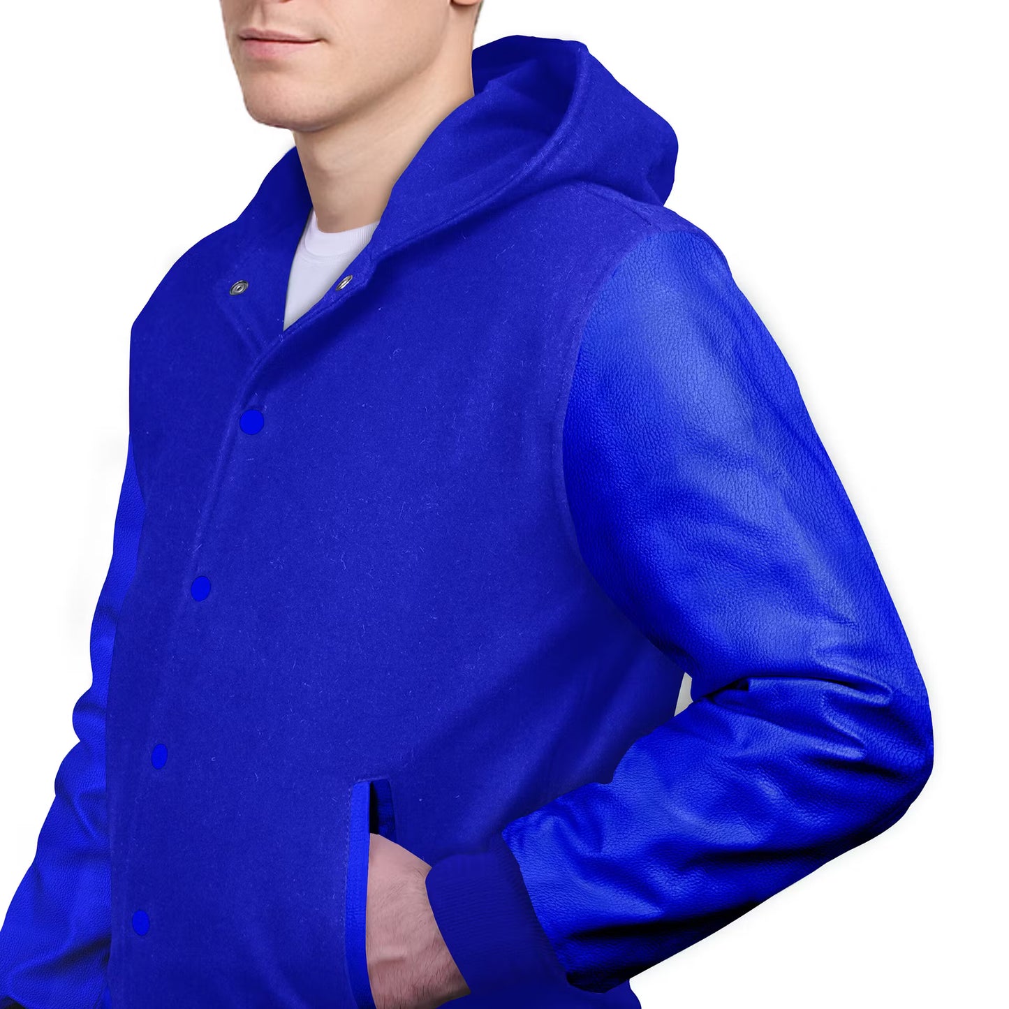 Royal Blue-Leather Sleeves & Wool Body (Hoodie)