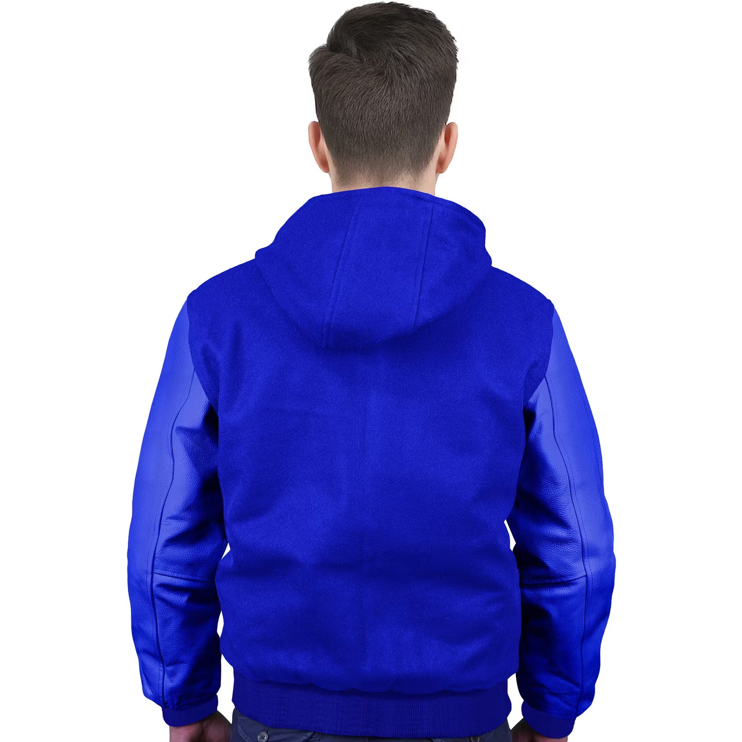 Royal Blue-Leather Sleeves & Wool Body (Hoodie)
