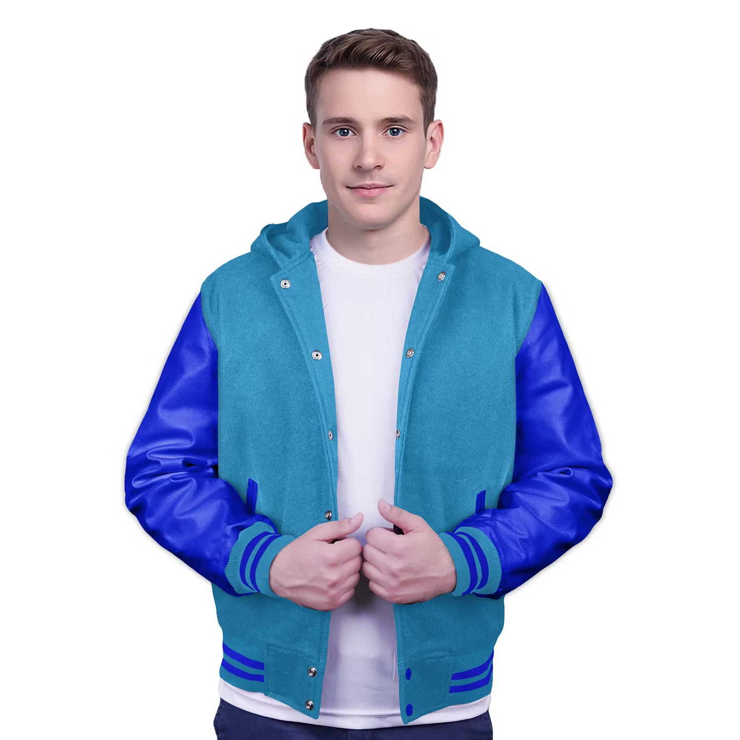Royal Blue-Leather Sleeves & Wool Body (Hoodie)