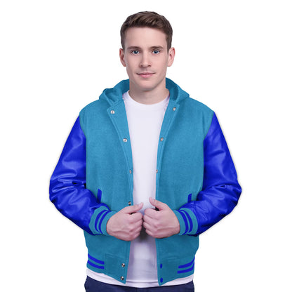 Royal Blue-Leather Sleeves & Wool Body (Hoodie)