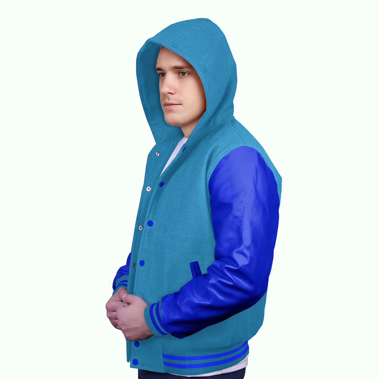 Royal Blue-Leather Sleeves & Wool Body (Hoodie)