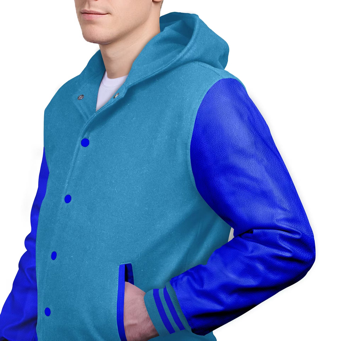 Royal Blue-Leather Sleeves & Wool Body (Hoodie)