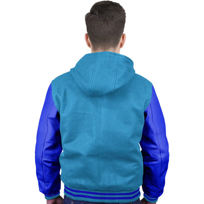 Royal Blue-Leather Sleeves & Wool Body (Hoodie)